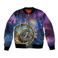 Purple bomber jacket with central zodiac clock print, front zipper, ribbed cuffs and hem