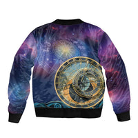 Purple bomber jacket rear with large gold zodiac clock graphic, ribbed hem and cuffs