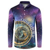 Purple button front sweatshirt with zodiac clock print and gold circular dial graphic