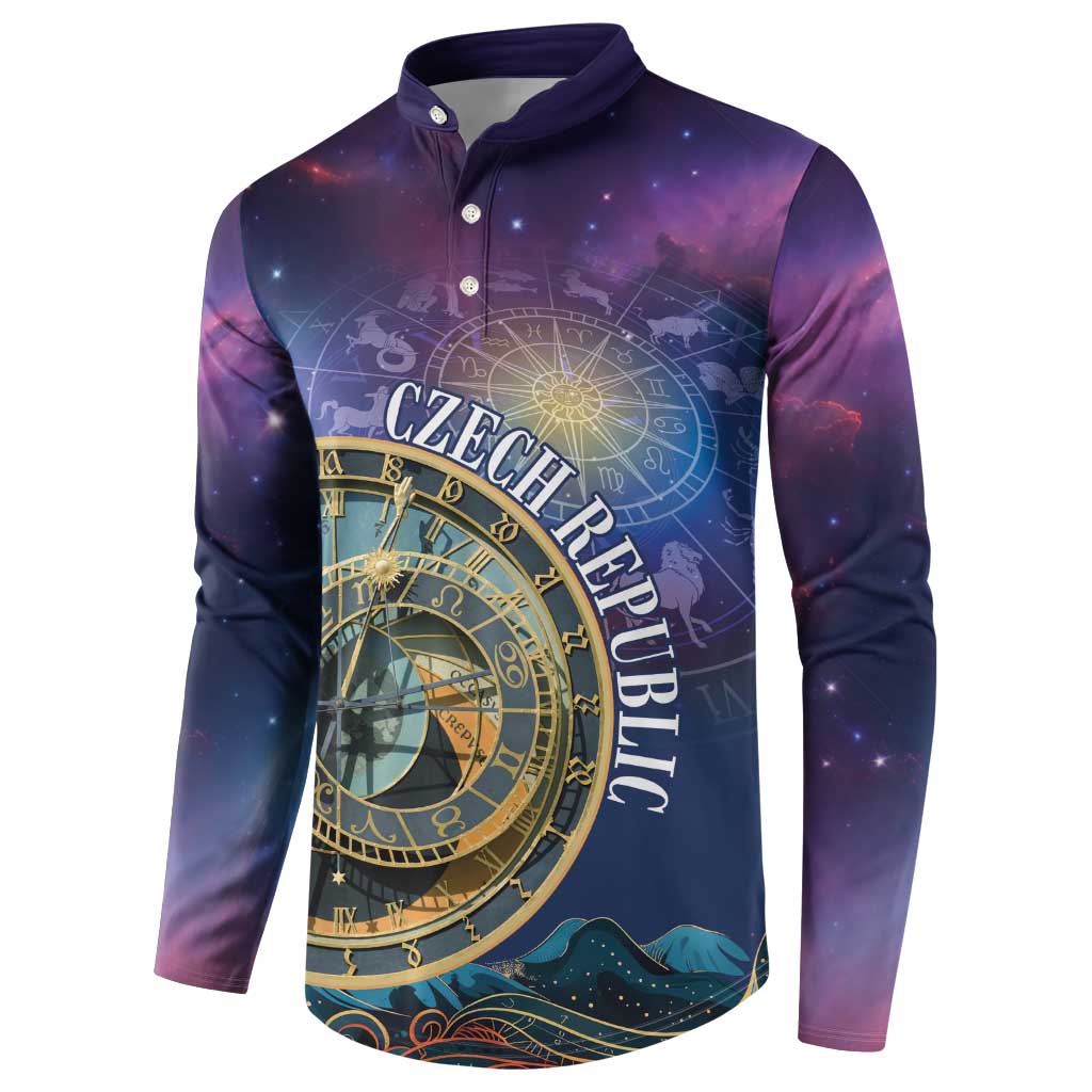 Purple button front sweatshirt, centered zodiac clock artwork with starry space details