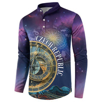Purple button front sweatshirt, centered zodiac clock artwork with starry space details