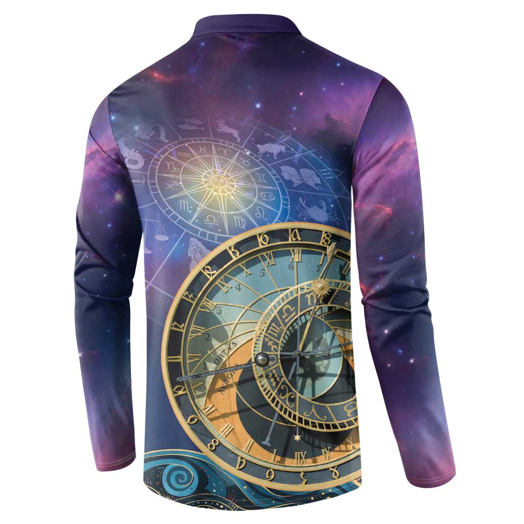 Purple sweatshirt, back view with large zodiac clock dial print and gold spiral accents