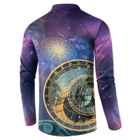 Purple sweatshirt, back view with large zodiac clock dial print and gold spiral accents