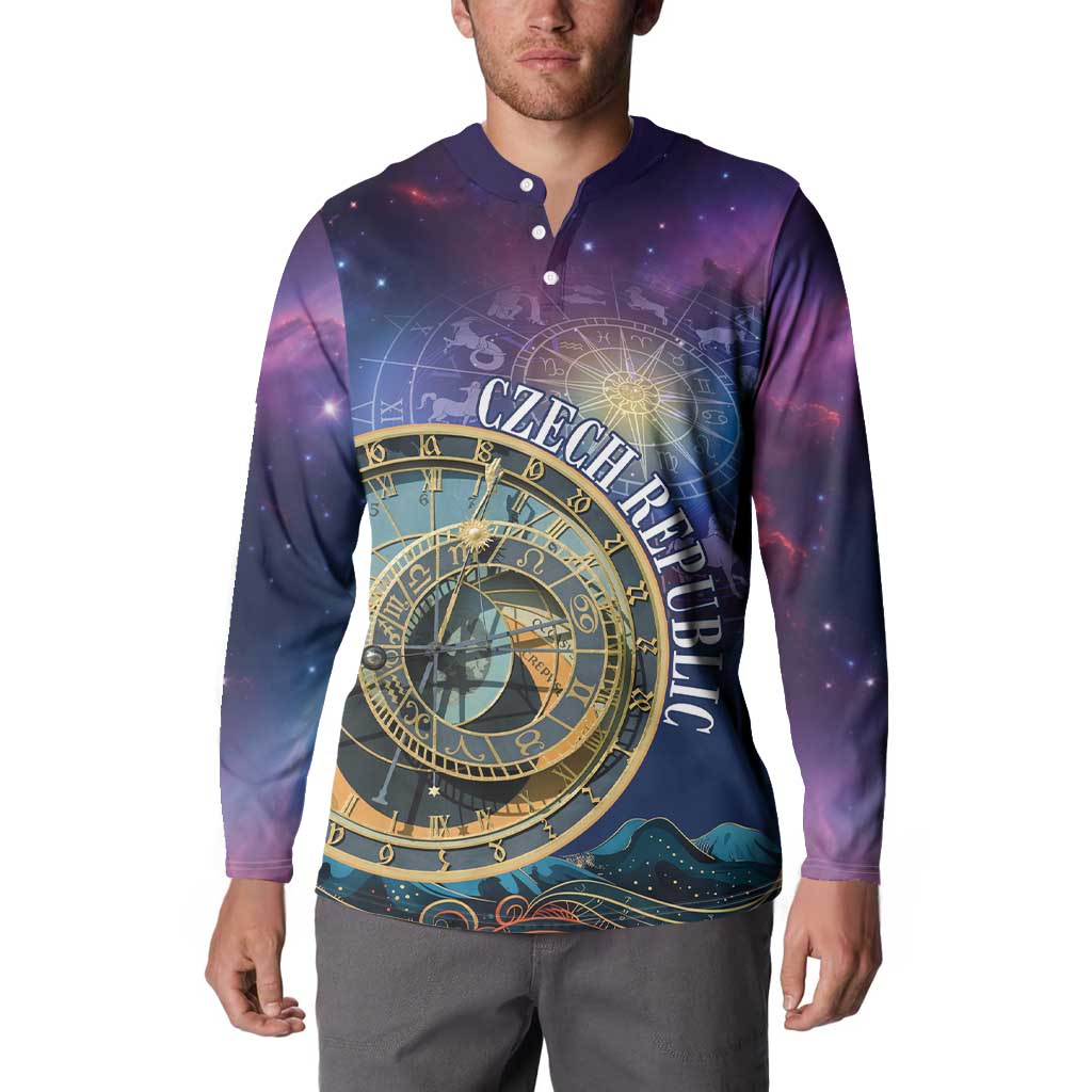 Purple button front sweatshirt on model, zodiac clock graphic across the chest