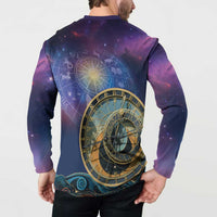 Purple sweatshirt on model, back view with large zodiac clock dial print and gold accents