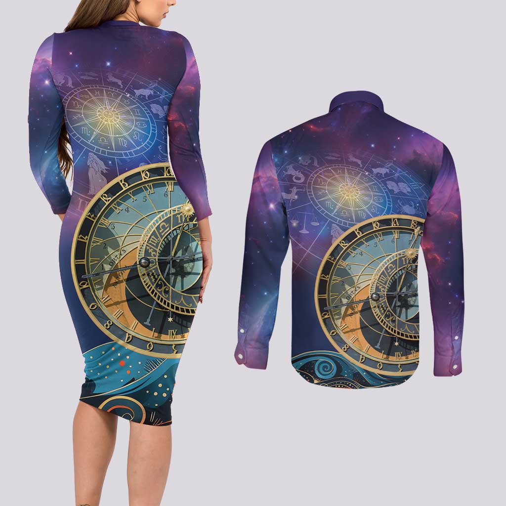 Czech Republic Astronomical Clock Couples Matching Long Sleeve Bodycon Dress and Long Sleeve Button Shirt Zodiac Signs In Space - Wonder Print Shop