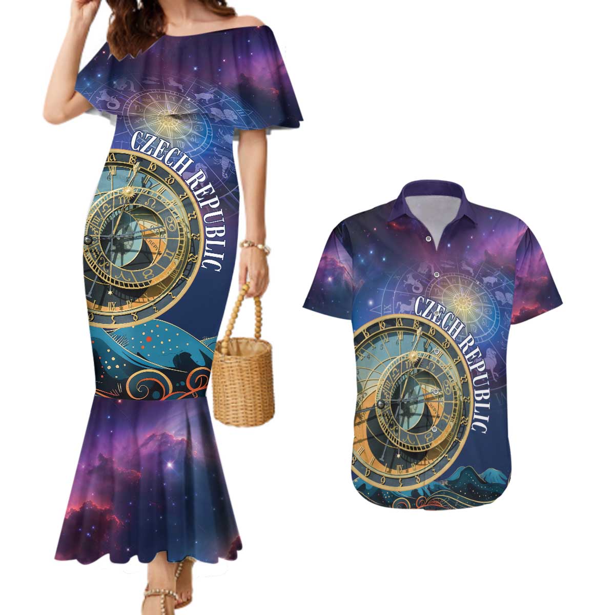 Czech Republic Astronomical Clock Couples Matching Mermaid Dress and Hawaiian Shirt Zodiac Signs In Space - Wonder Print Shop