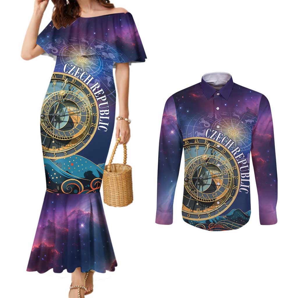 Czech Republic Astronomical Clock Couples Matching Mermaid Dress and Long Sleeve Button Shirt Zodiac Signs In Space