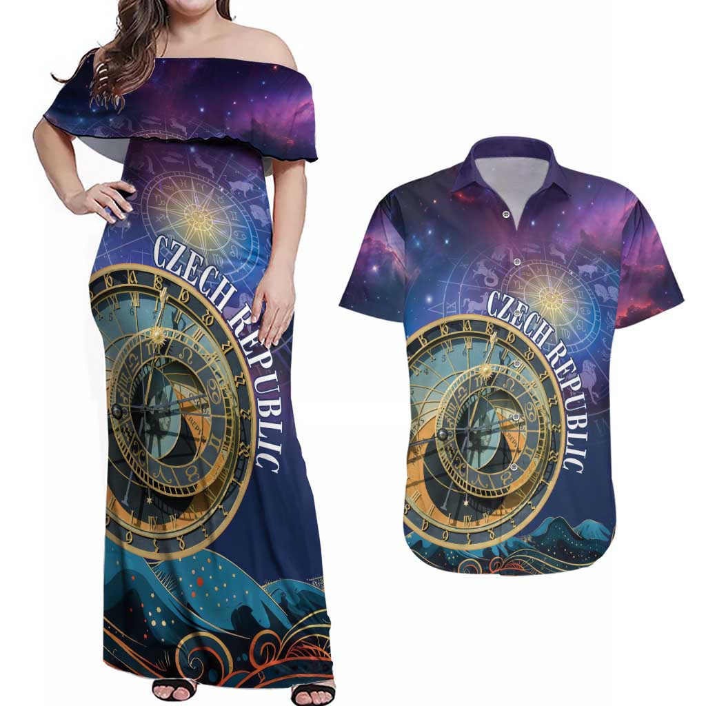 Czech Republic Astronomical Clock Couples Matching Off Shoulder Maxi Dress and Hawaiian Shirt Zodiac Signs In Space - Wonder Print Shop