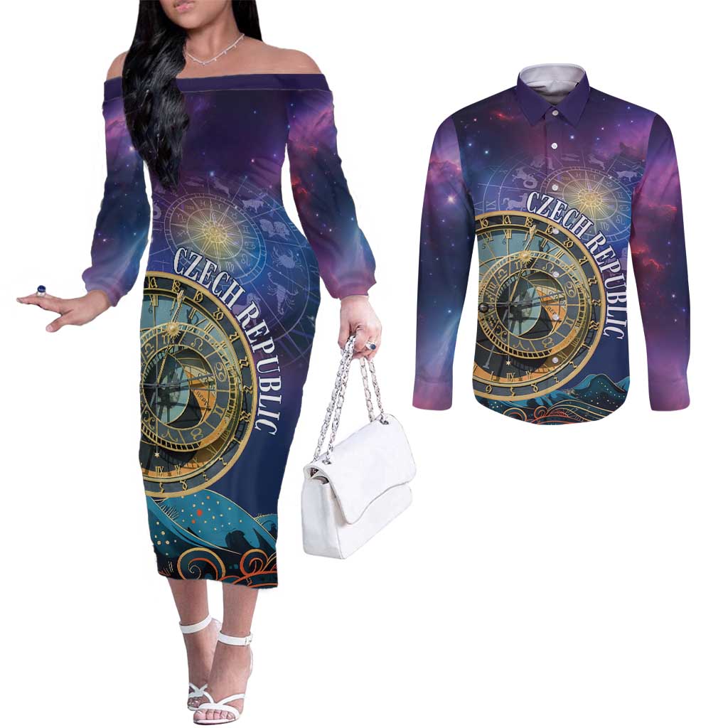 Czech Republic Astronomical Clock Couples Matching Off The Shoulder Long Sleeve Dress and Long Sleeve Button Shirt Zodiac Signs In Space