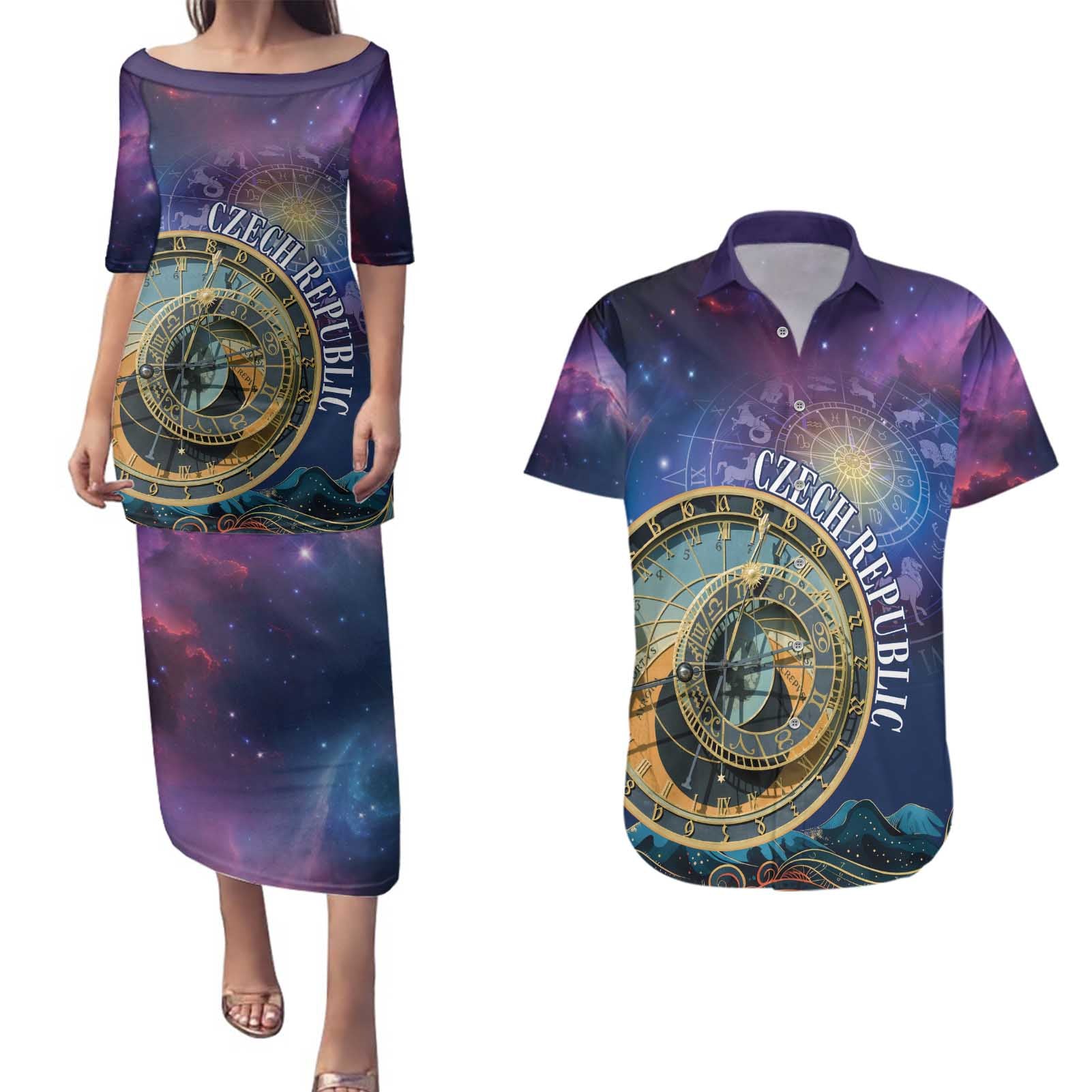 Czech Republic Astronomical Clock Couples Matching Puletasi and Hawaiian Shirt Zodiac Signs In Space - Wonder Print Shop