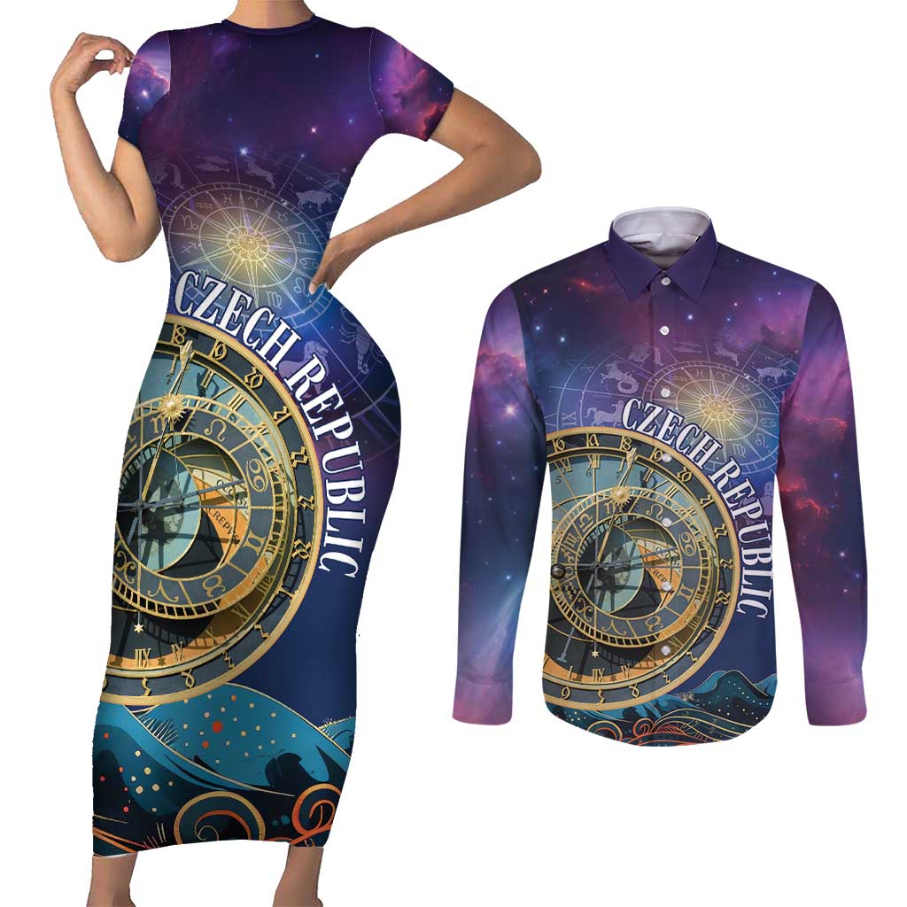 Czech Republic Astronomical Clock Couples Matching Short Sleeve Bodycon Dress and Long Sleeve Button Shirt Zodiac Signs In Space - Wonder Print Shop