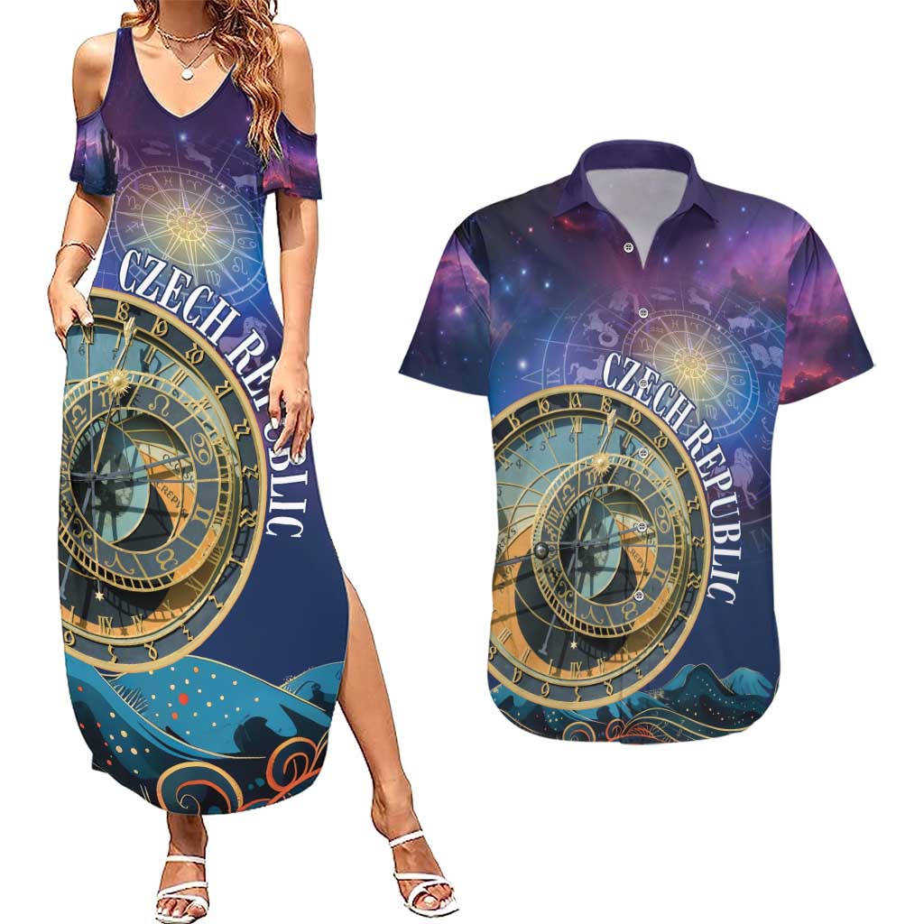 Czech Republic Astronomical Clock Couples Matching Summer Maxi Dress and Hawaiian Shirt Zodiac Signs In Space - Wonder Print Shop