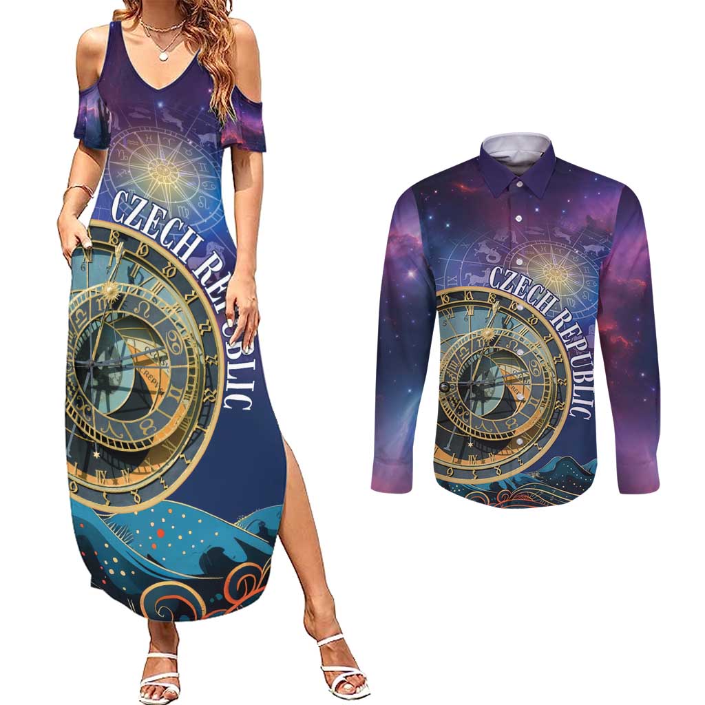 Czech Republic Astronomical Clock Couples Matching Summer Maxi Dress and Long Sleeve Button Shirt Zodiac Signs In Space - Wonder Print Shop