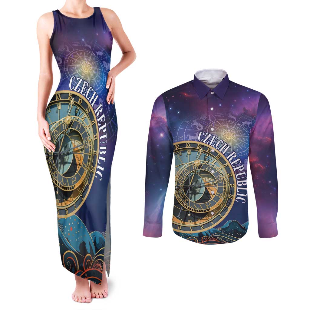 Czech Republic Astronomical Clock Couples Matching Tank Maxi Dress and Long Sleeve Button Shirt Zodiac Signs In Space - Wonder Print Shop