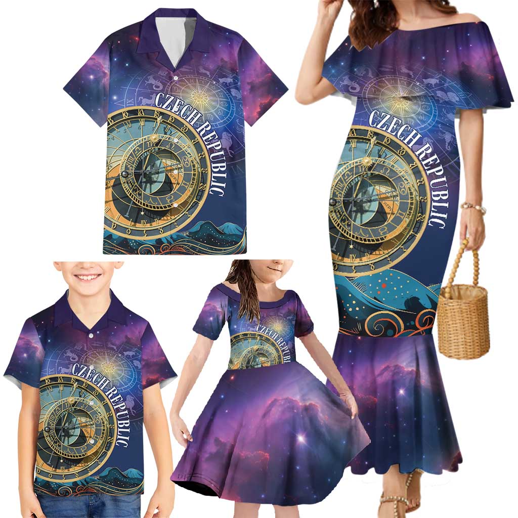 Czech Republic Astronomical Clock Family Matching Mermaid Dress and Hawaiian Shirt Zodiac Signs In Space - Wonder Print Shop