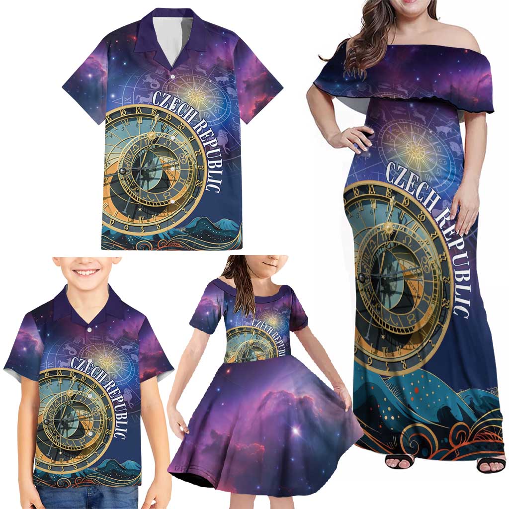 Czech Republic Astronomical Clock Family Matching Off Shoulder Maxi Dress and Hawaiian Shirt Zodiac Signs In Space - Wonder Print Shop