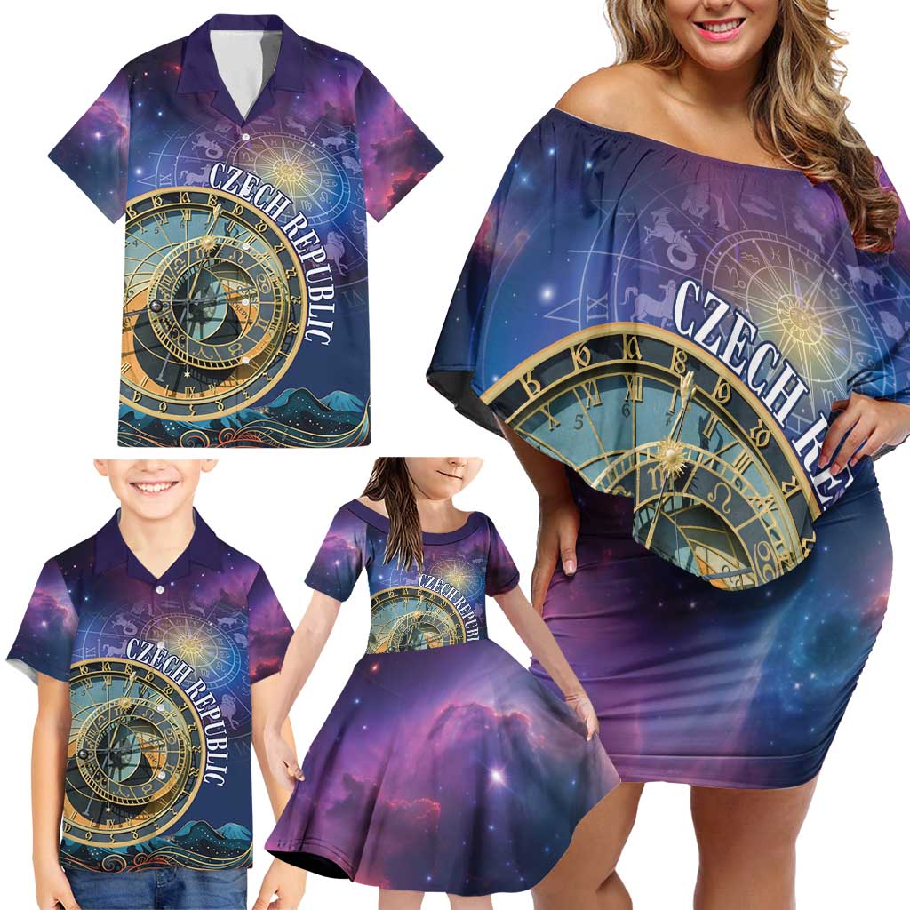 Czech Republic Astronomical Clock Family Matching Off Shoulder Short Dress and Hawaiian Shirt Zodiac Signs In Space - Wonder Print Shop