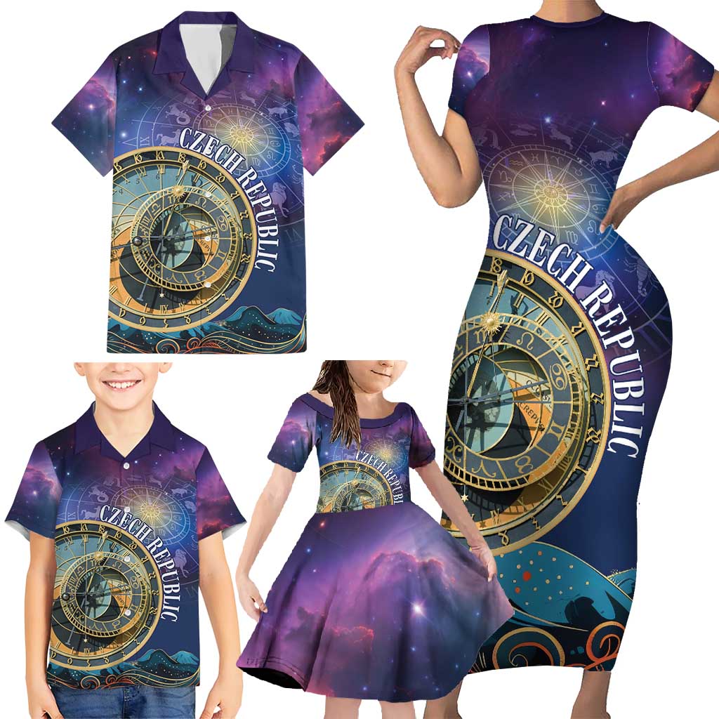 Czech Republic Astronomical Clock Family Matching Short Sleeve Bodycon Dress and Hawaiian Shirt Zodiac Signs In Space - Wonder Print Shop