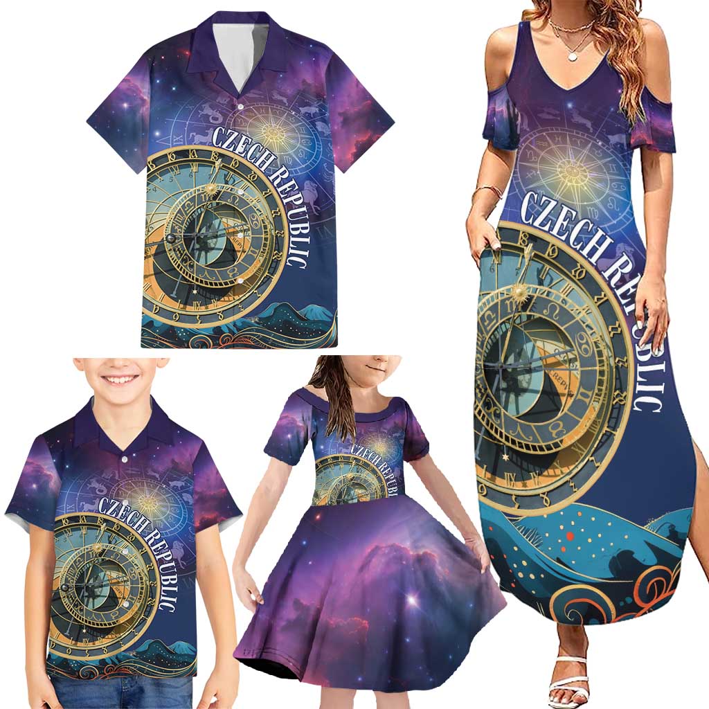 Czech Republic Astronomical Clock Family Matching Summer Maxi Dress and Hawaiian Shirt Zodiac Signs In Space - Wonder Print Shop