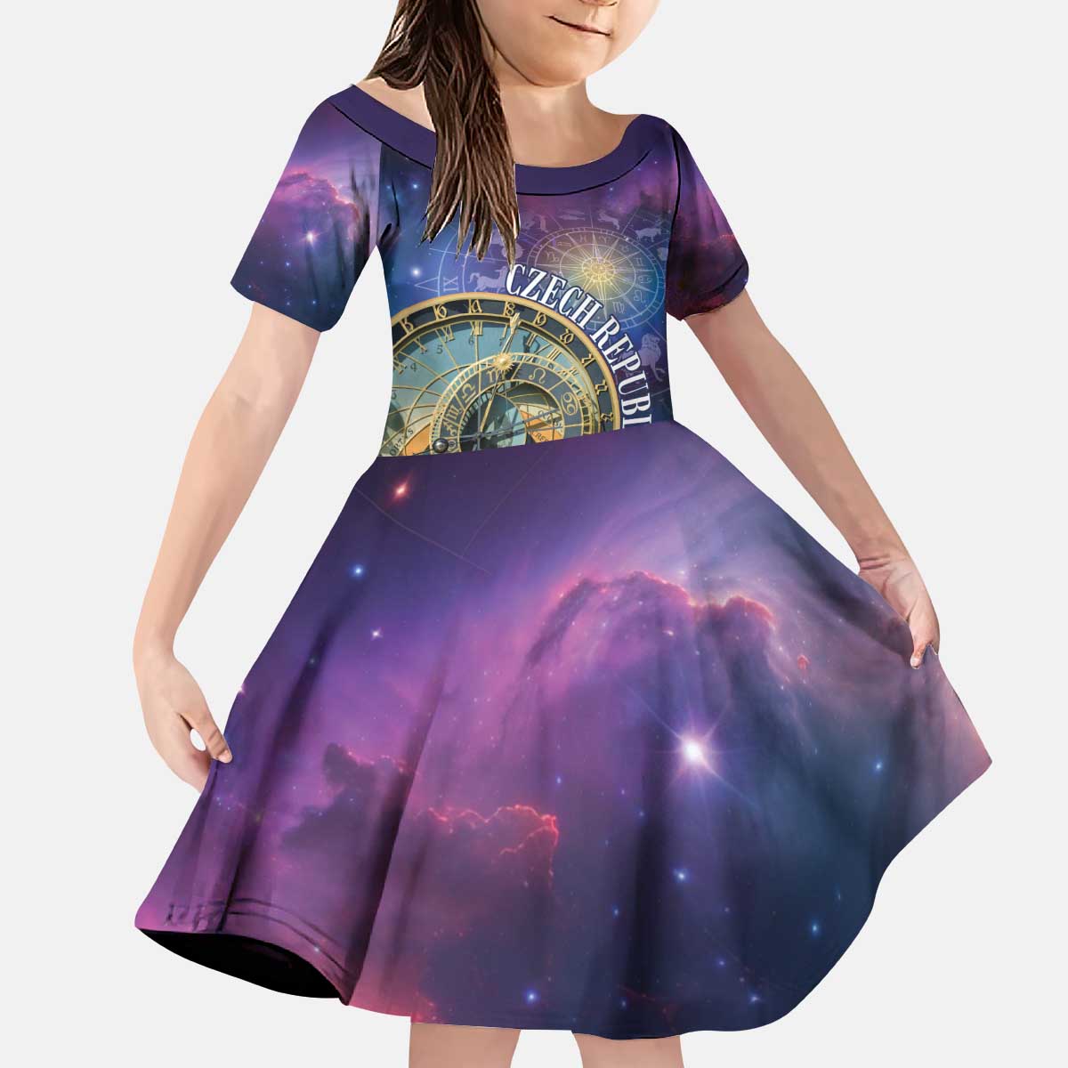 Czech Republic Astronomical Clock Kid Short Sleeve Dress Zodiac Signs In Space - Wonder Print Shop