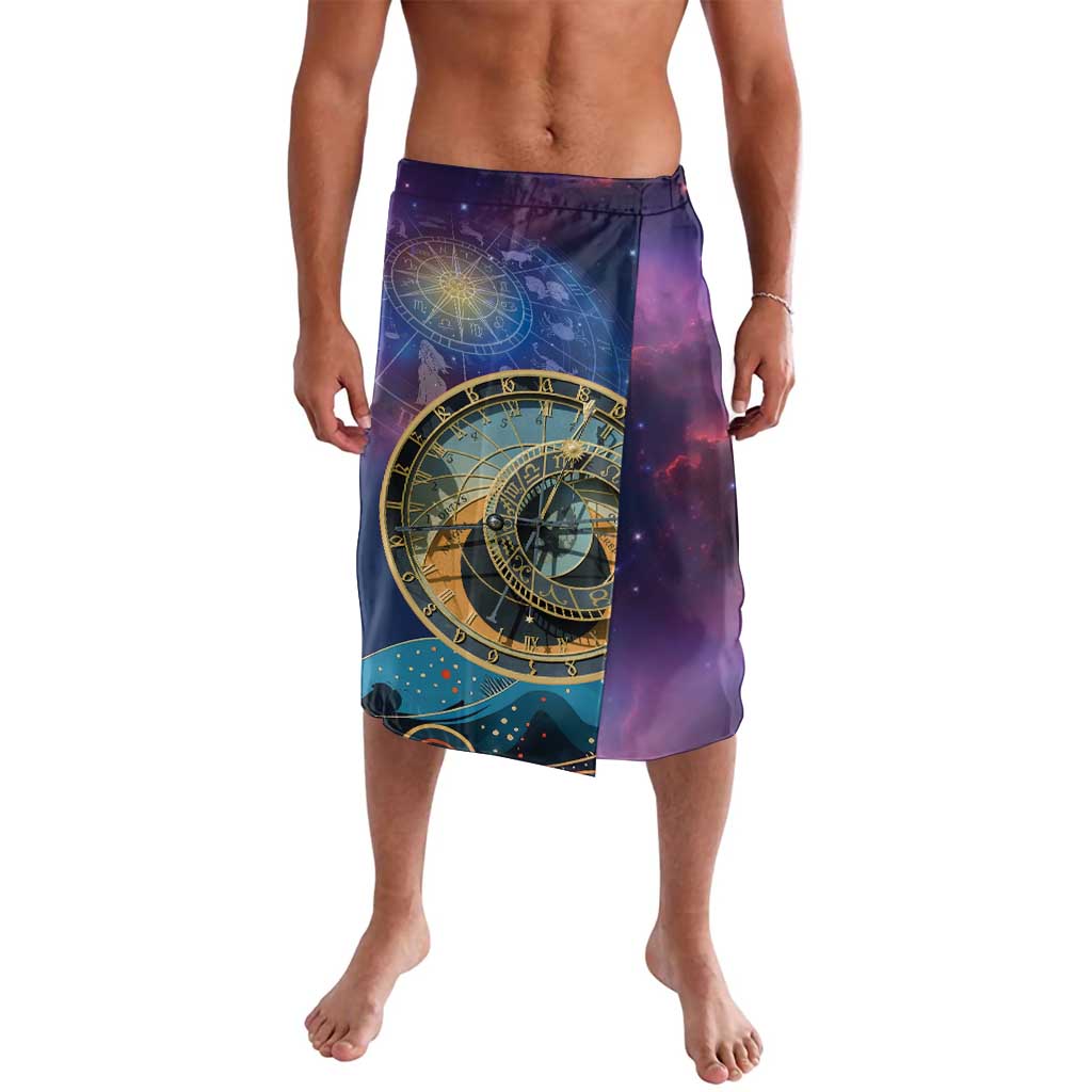 Purple space-print shorts with golden zodiac wheel graphic, elastic waistband.