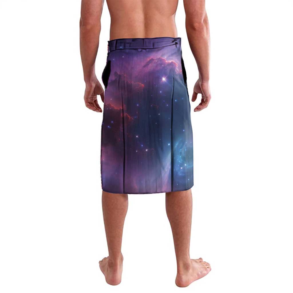 Purple galaxy-print shorts with elastic waistband and side drawcord, back view.