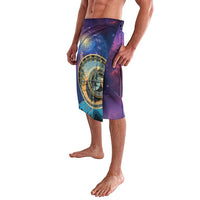 Purple space-print shorts with large zodiac wheel graphic, relaxed fit.
