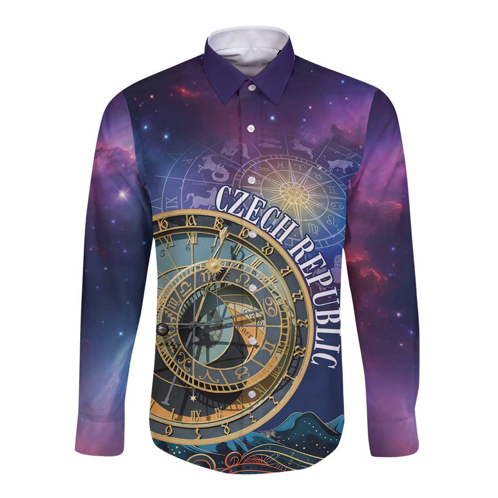 Purple long sleeve button shirt with space zodiac clock graphic on front