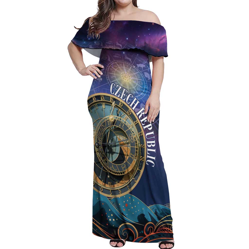 Czech Republic Astronomical Clock Off Shoulder Maxi Dress Zodiac Signs In Space - Wonder Print Shop