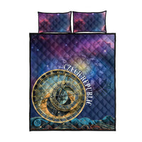Purple quilt bed set with quilted geometric pattern and circular clock graphic; two pillowcases