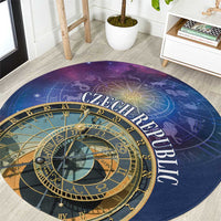Purple round astronomical clock area rug with gold zodiac wheel and Czech Republic text