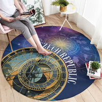 Purple round space zodiac area rug with gold clock face and Czech Republic lettering