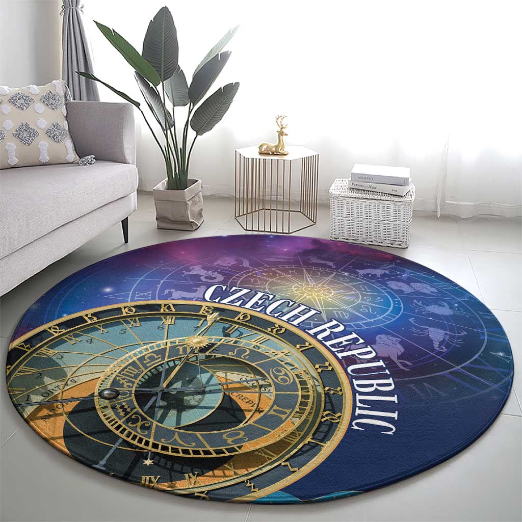 Purple round astronomy carpet featuring gold zodiac wheel, Czech Republic text, circular design
