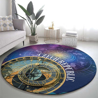 Purple round astronomy carpet featuring gold zodiac wheel, Czech Republic text, circular design
