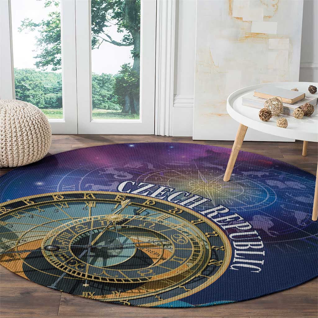Purple round astronomical clock rug with gold zodiac ring and Czech Republic lettering
