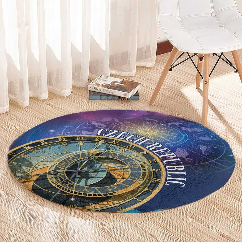 Purple circular space area rug with gold zodiac wheel and Czech Republic text