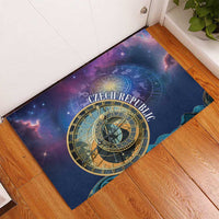 Purple rubber doormat with gold circular clock design and Czech Republic lettering