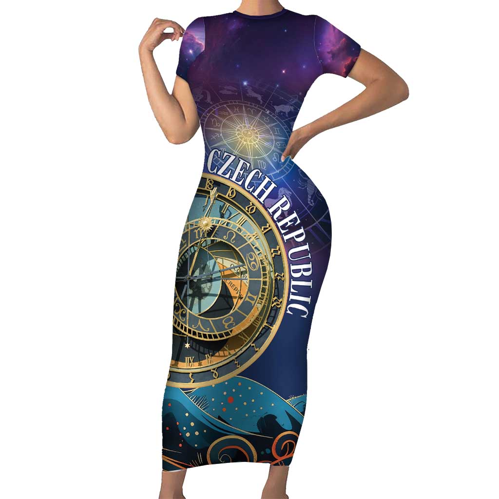 Czech Republic Astronomical Clock Short Sleeve Bodycon Dress Zodiac Signs In Space - Wonder Print Shop