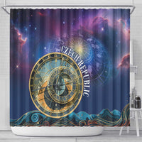 Purple space shower curtain featuring a gold astronomical clock wheel and zodiac text