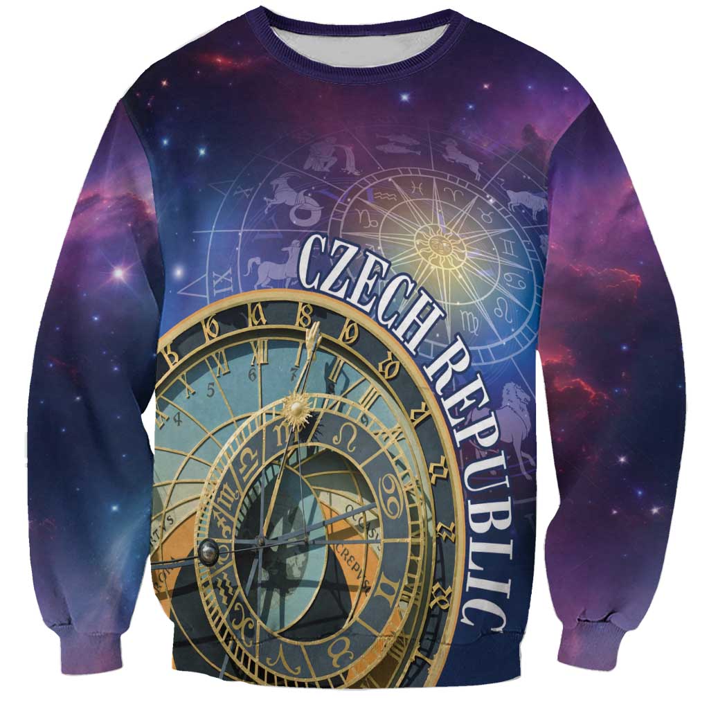 Unisex purple sweatshirt with space zodiac and Czech Republic clock graphic