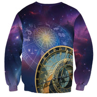Unisex purple sweatshirt with space zodiac wheel and ornate astrological clock face