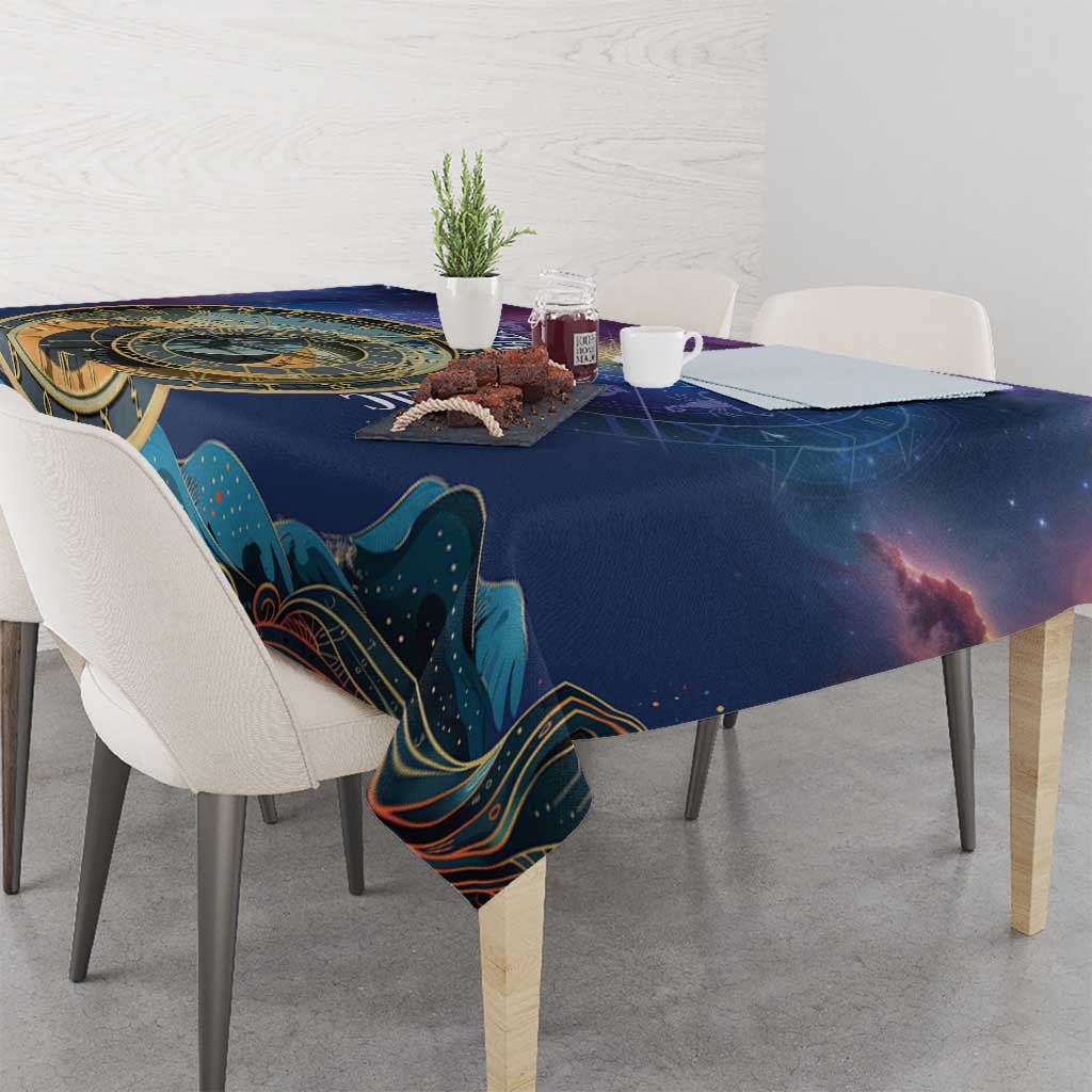 Purple galaxy tablecloth with gold zodiac ring, wave and star motifs over table