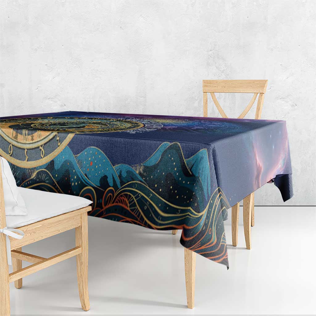 Purple and blue astronomy tablecloth with gold arc emblem and decorative wave accents