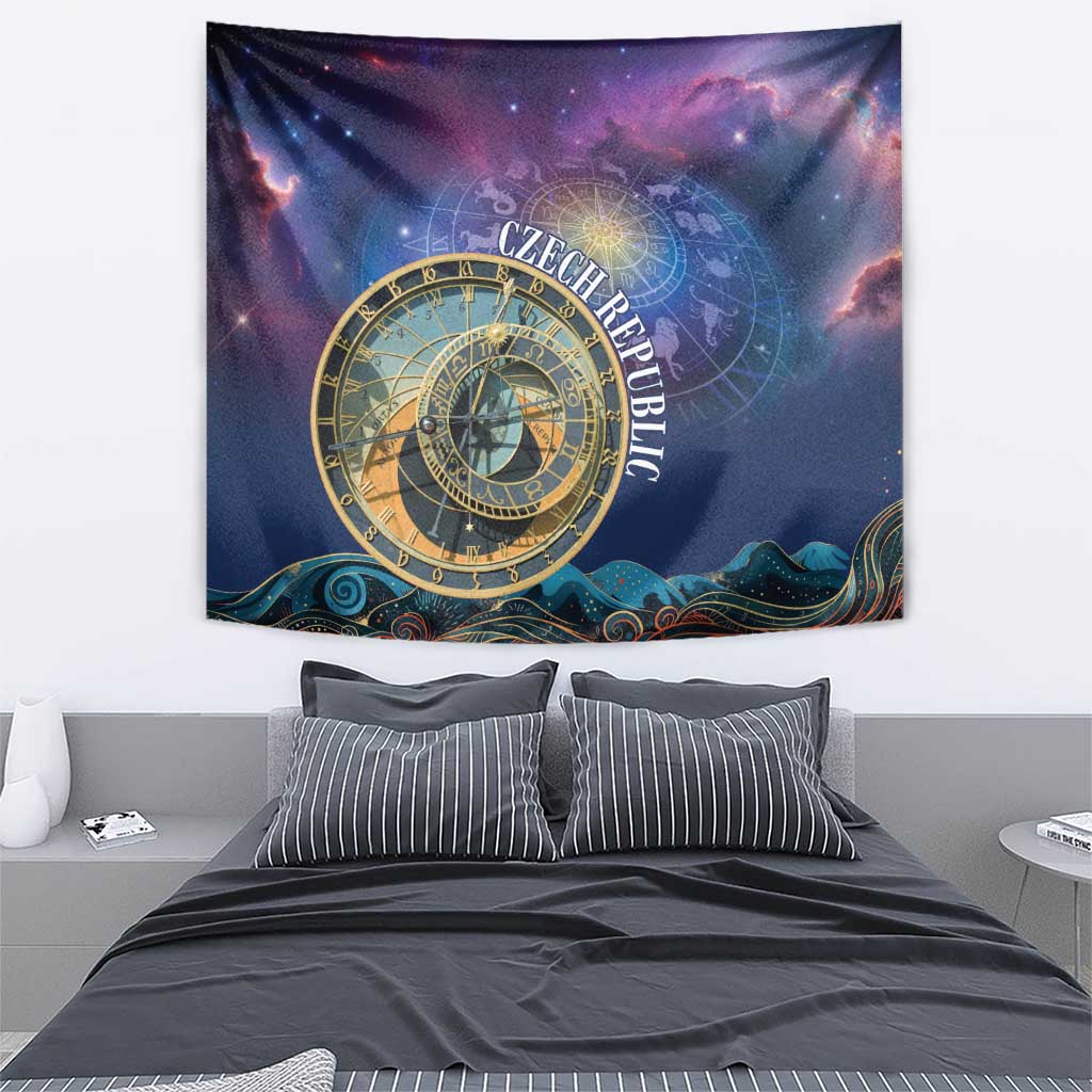 Purple space tapestry featuring gold clock face, zodiac circle, and 'Czech Republic' lettering