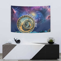 Purple space wall tapestry with gold astronomical clock, zodiac bands, and 'Czech Republic' text