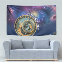Purple space tapestry with gold clock design, zodiac rings, and 'Czech Republic' lettering