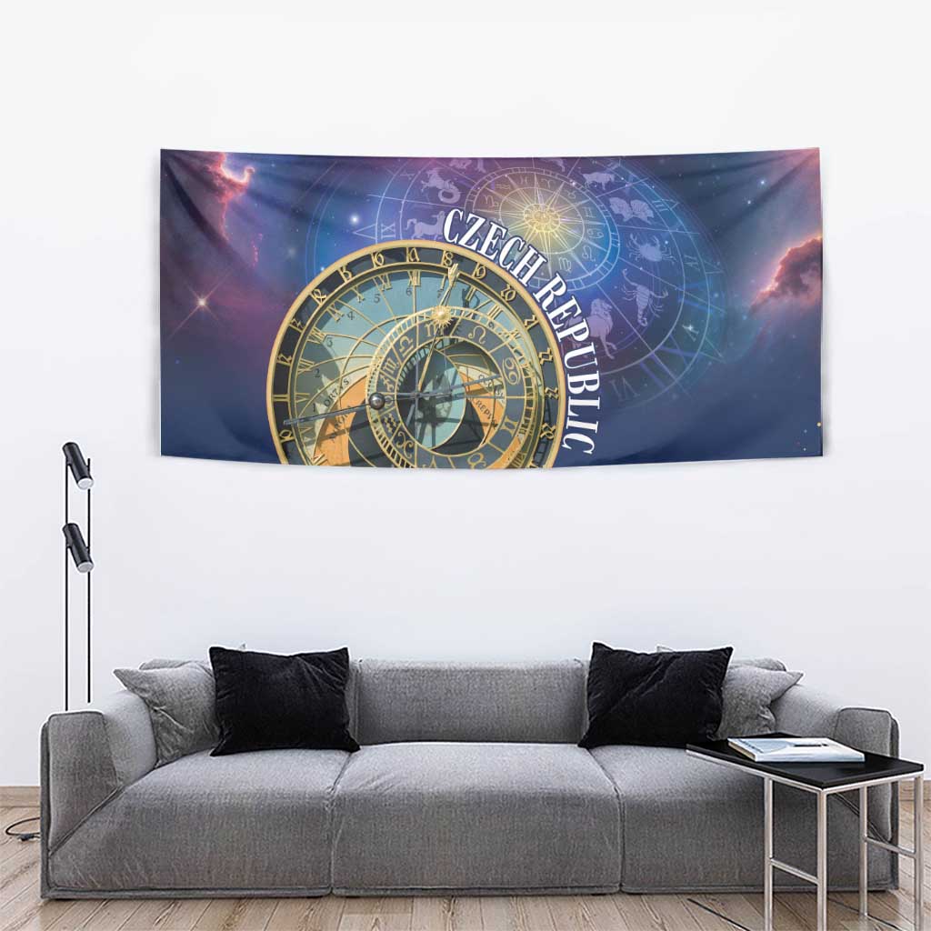 Purple space tapestry showing gold astronomical clock face and 'Czech Republic' text