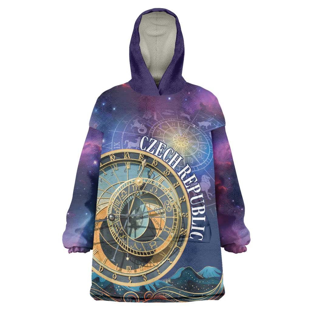 Czech Republic Astronomical Clock Wearable Blanket Hoodie Zodiac Signs In Space