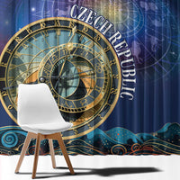 Purple space window curtain panel with gold astronomical clock wheel and star accents